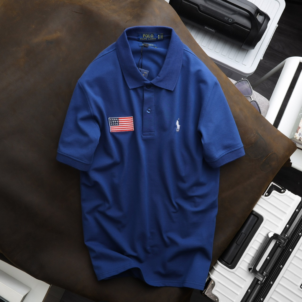 Áo Polo Ra-lph La-uren chất cá sấu ngoại nhập cotton 100% 4 chiều thêu Logo nét Lá cờ Mỹ