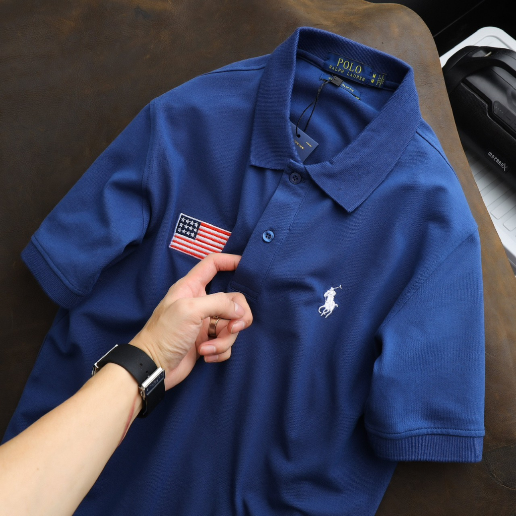 Áo Polo Ra-lph La-uren chất cá sấu ngoại nhập cotton 100% 4 chiều thêu Logo nét Lá cờ Mỹ