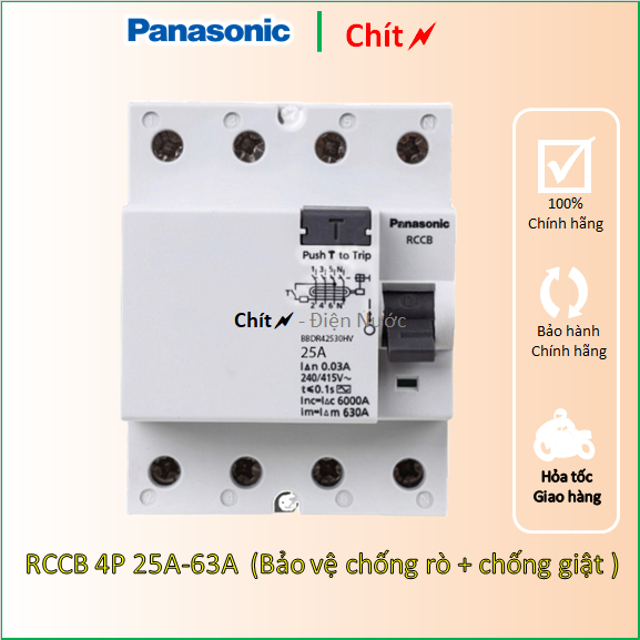 RCCB 4P 25A 32A 40A 63A  Aptomat át tô mát 3 pha chống rò chống giật Panasonic Pana - Chít electric