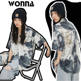 Áo sơ mi unisex ulzzang oversize street style trắng đen họa tiết xanh đen tay lỡ form rộng cổ thuyền nam nữ