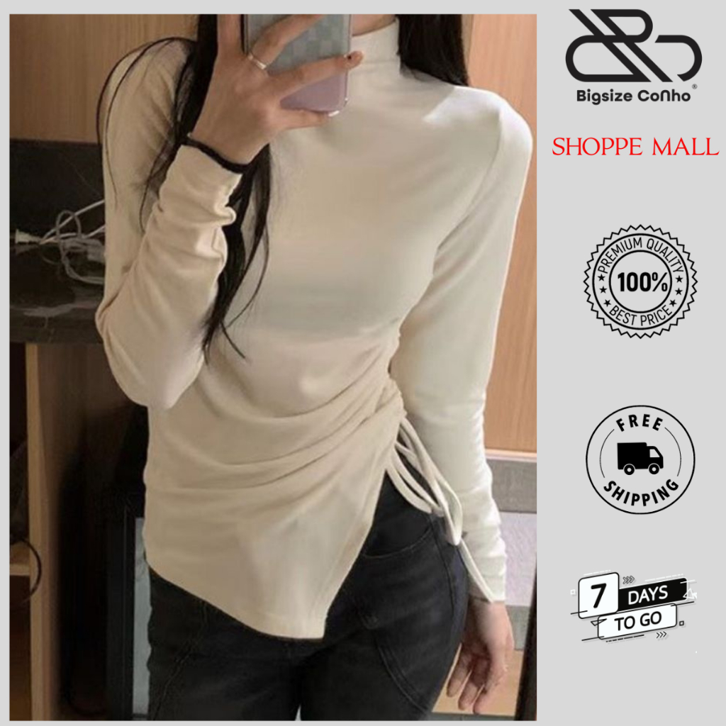 Áo Thun Dài Tay Bigsize Cô Nhỏ Cổ Lọ Rút Dây Một Bên Tôn Dáng Chất Thun Gân Co Giãn G72