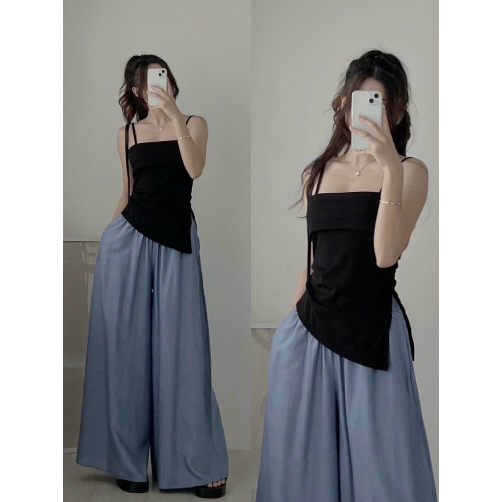 Áo Hai Dây Vạt Xéo Nhọn Xẻ Tà Dây Kéo Nhún