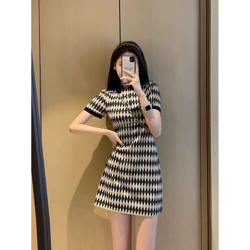 Váy Len Body Dáng Ngắn Phong Cách Hàn Quốc, Đầm Polo Tay Ngắn Họa Tiết Hinh Thoi Cho Nữ