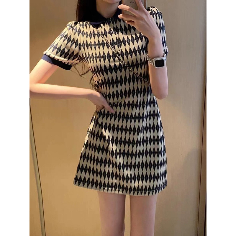 Váy Len Body Dáng Ngắn Phong Cách Hàn Quốc, Đầm Polo Tay Ngắn Họa Tiết Hinh Thoi Cho Nữ