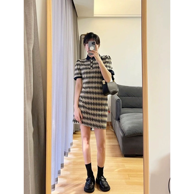 Váy Len Body Dáng Ngắn Phong Cách Hàn Quốc, Đầm Polo Tay Ngắn Họa Tiết Hinh Thoi Cho Nữ