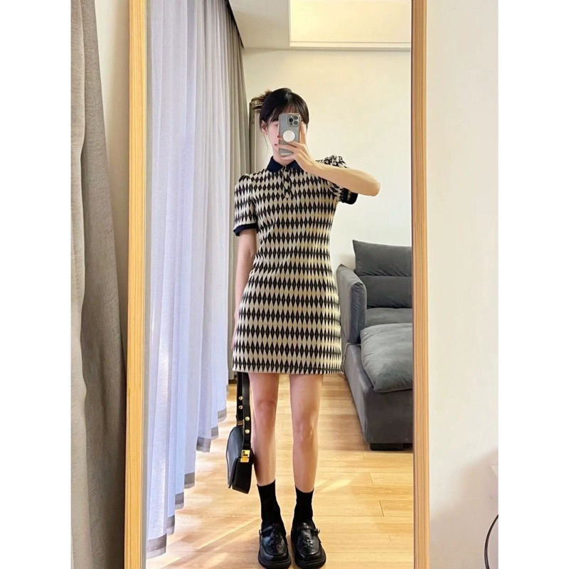 Váy Len Body Dáng Ngắn Phong Cách Hàn Quốc, Đầm Polo Tay Ngắn Họa Tiết Hinh Thoi Cho Nữ