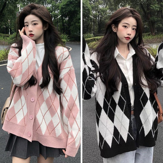 Áo khoác len cardigan , áo khoác len nữ hoạ tiết kẻ caro kim cương form rộng vải len QCCC loại 1 phong cách Hàn Quốc