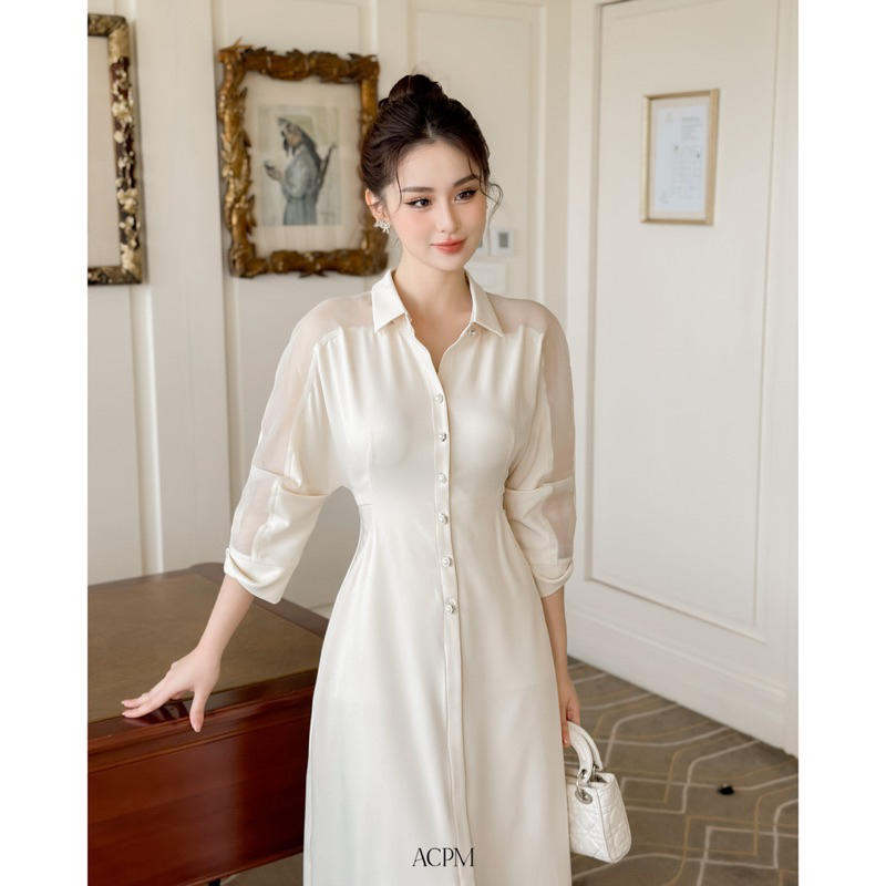 Alia Dress / Đầm sơ mi dáng dài tay lỡ phối tơ