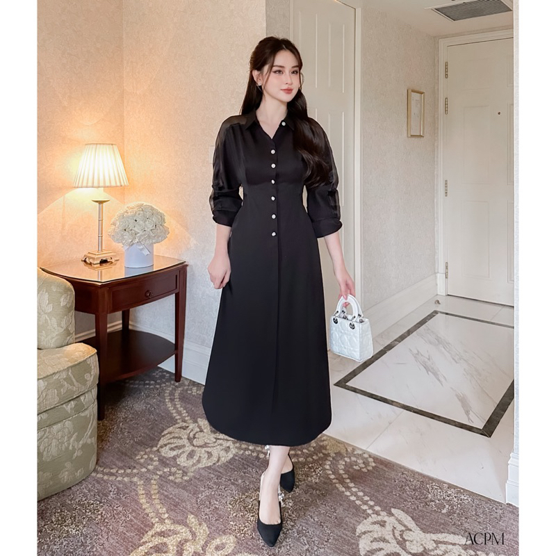 Alia Dress / Đầm sơ mi dáng dài tay lỡ phối tơ