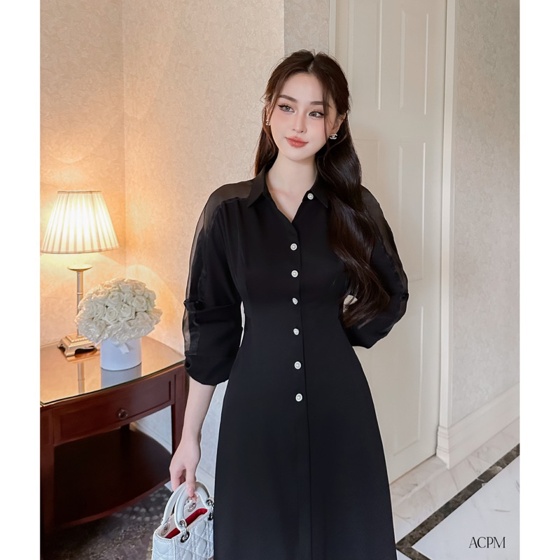 Alia Dress / Đầm sơ mi dáng dài tay lỡ phối tơ
