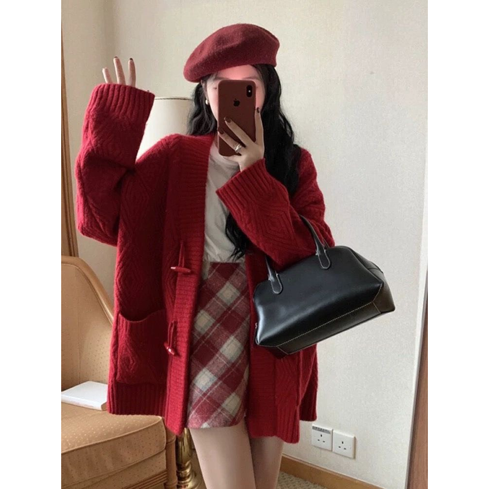Áo Cardigan Len Đỏ Miuna Có Khuy Cài, Áo Khoác Cardigan Form Rộng Siêu Tôn Dáng