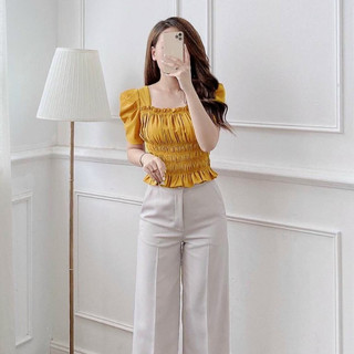 Áo cổ vuông tay bồng chun nhún eo nhiều màu