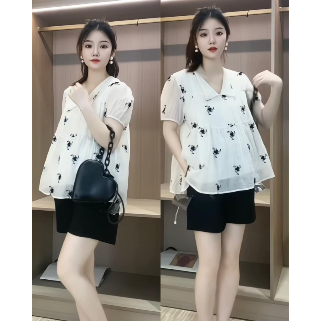 Bộ Quần Áo Bầu voan 2 lớp cổ sơ phối in hoa đen xinh xắn, dáng Babydoll siêu đáng yêu