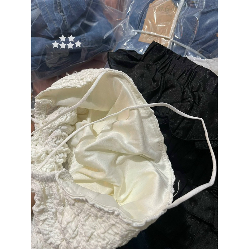 Set Áo Dây Croptop Thun Nhún Tà Xéo Vạt Nhọn RÚT SƯỜN + Quần Short Tơ Tầng Lưng Chun