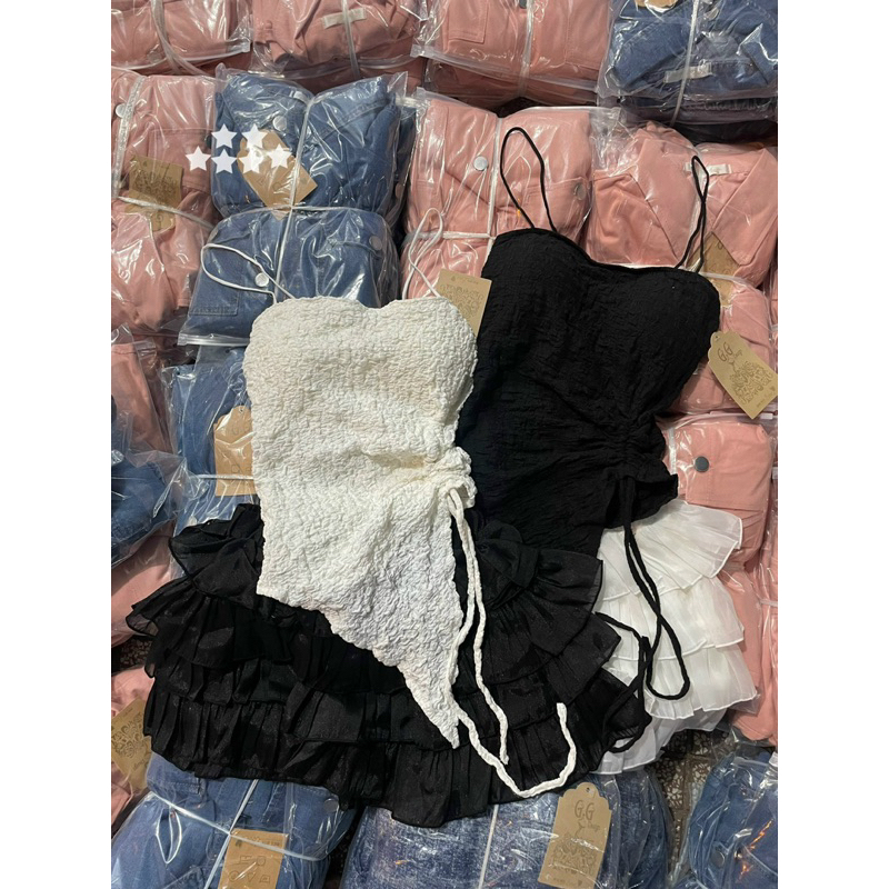 Set Áo Dây Croptop Thun Nhún Tà Xéo Vạt Nhọn RÚT SƯỜN + Quần Short Tơ Tầng Lưng Chun