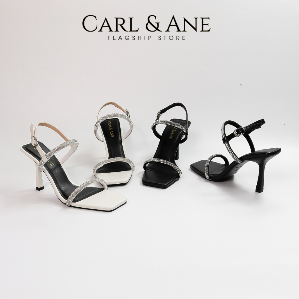 Carl & Ane - Giày sandal cao gót nữ mũi vuông đính đá sang trọng quai mảnh màu đen - WD014