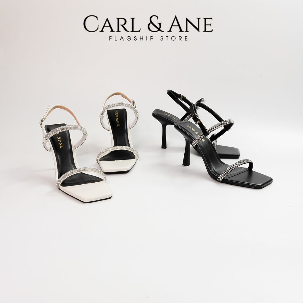 Carl & Ane - Giày sandal cao gót nữ mũi vuông đính đá sang trọng quai mảnh màu đen - WD014