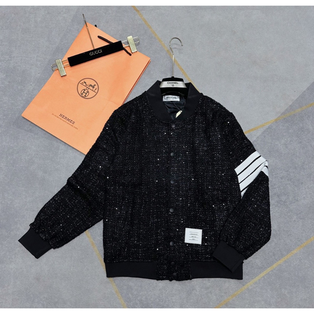 Áo khoác Thom vạch tay kim tuyến vạch trắng unisex  chất dày dặn, áo khoác dạ kim tuyến Thome nam nữ hot trend 2023