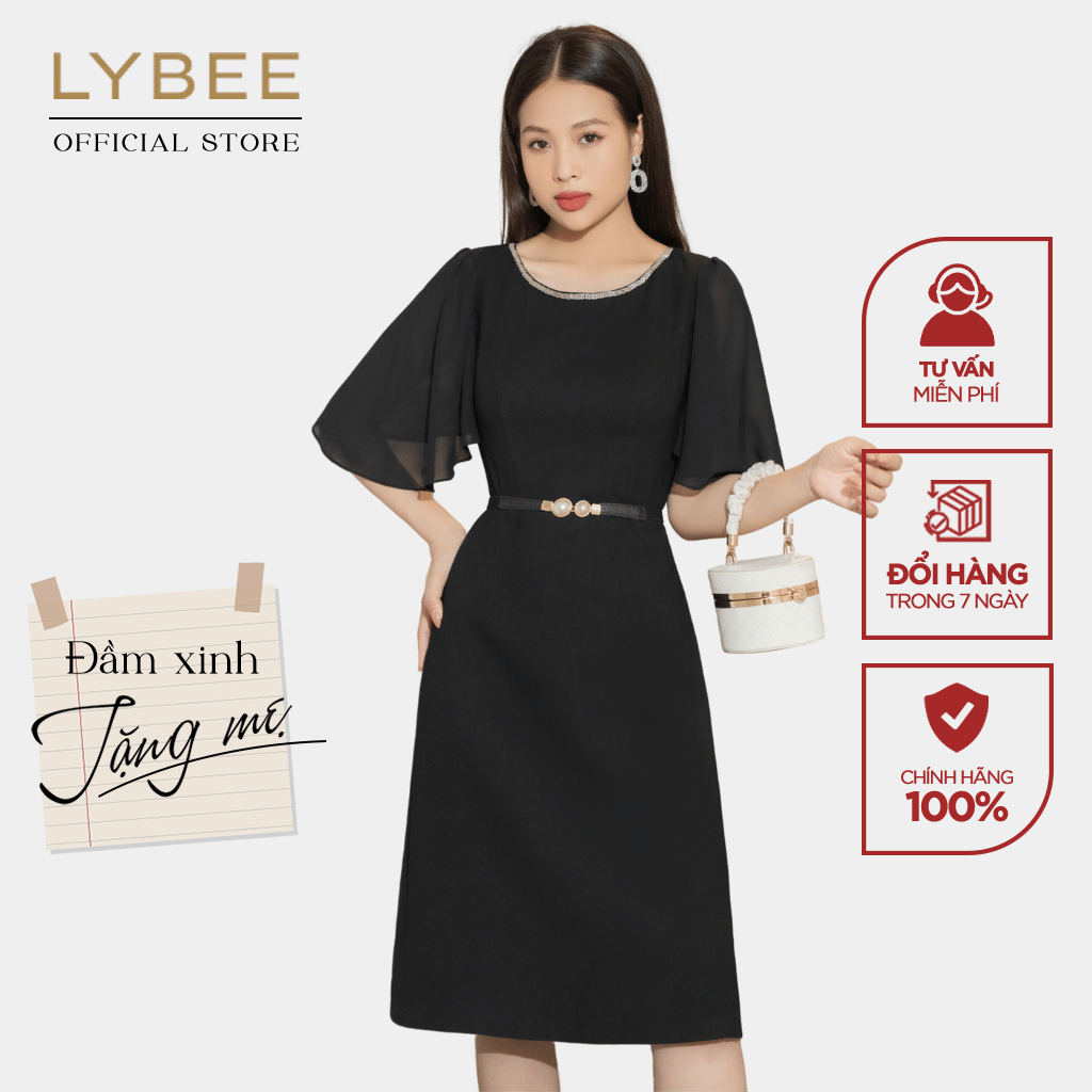 Váy công sở thiết kế LYBEE phong cách thanh lịch chất liệu tuyết nhung cao cấp màu xanh đen cuốn hút SV585