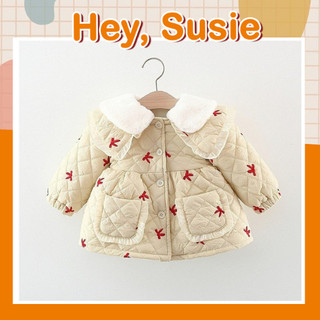 Áo khoác kem thêu nơ đỏ túi bèo siêu nhẹ, áo khoác mùa đông bé gái từ 9-19kg hey susie ak1434