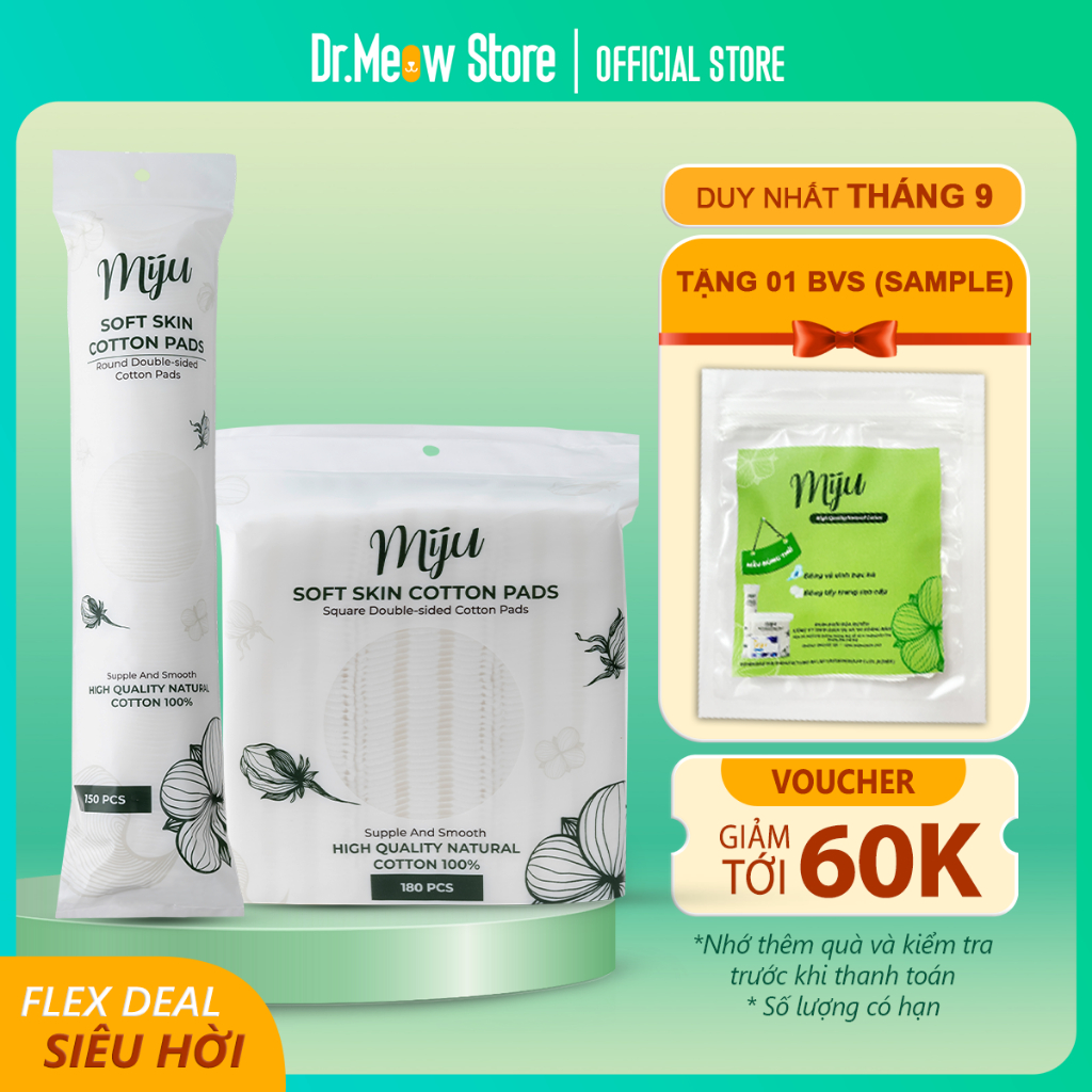 Bông tẩy trang cao cấp Hàn Quốc - 100% cotton - Dập viền chắc chắn - Ko xơ bông