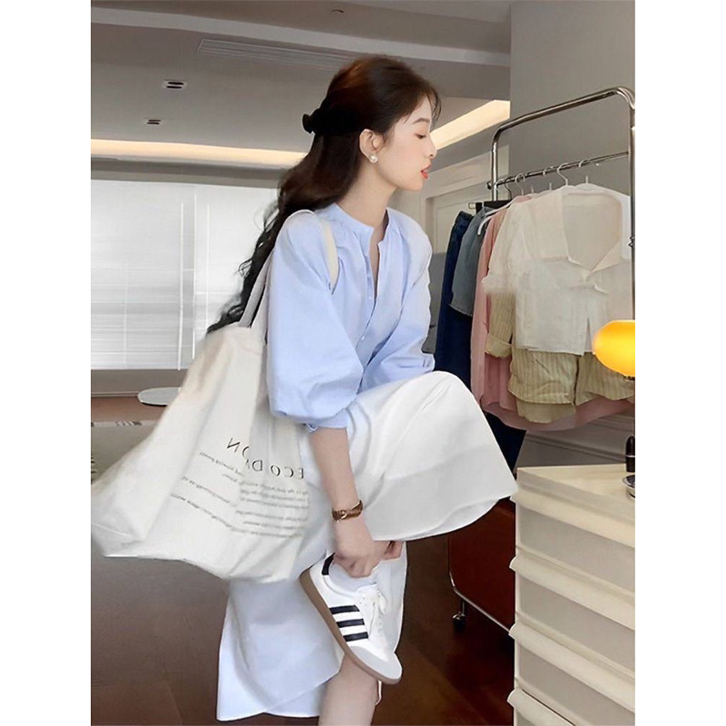 Set áo sơmi xanh + chân váy kèm belt