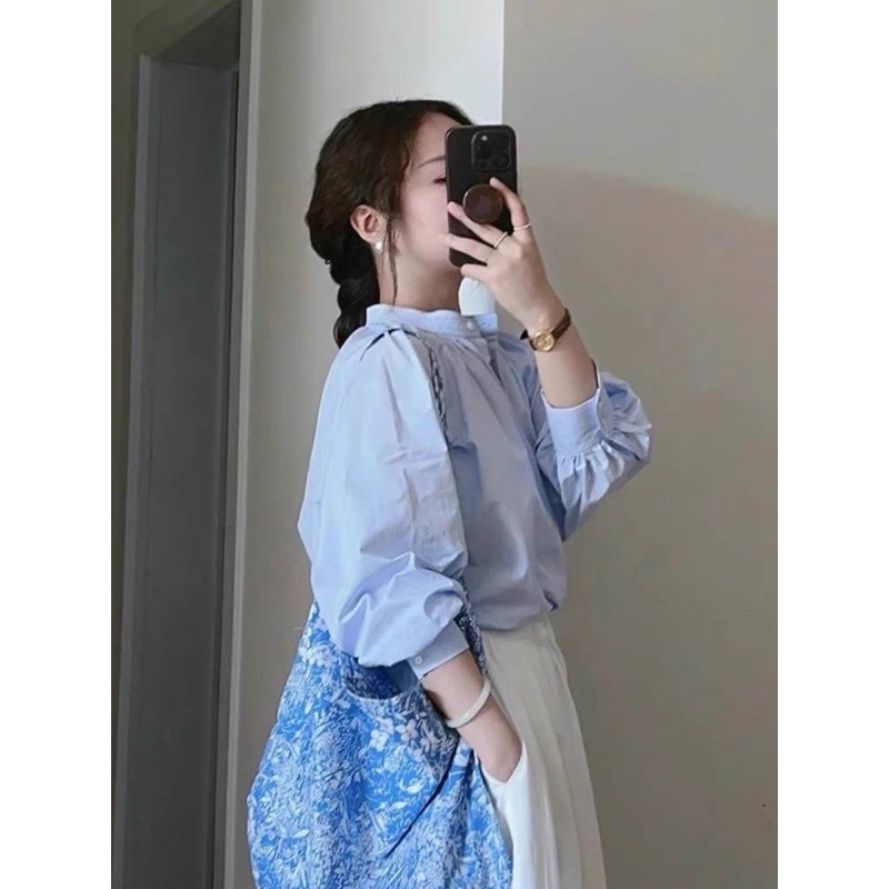 Set áo sơmi xanh + chân váy kèm belt