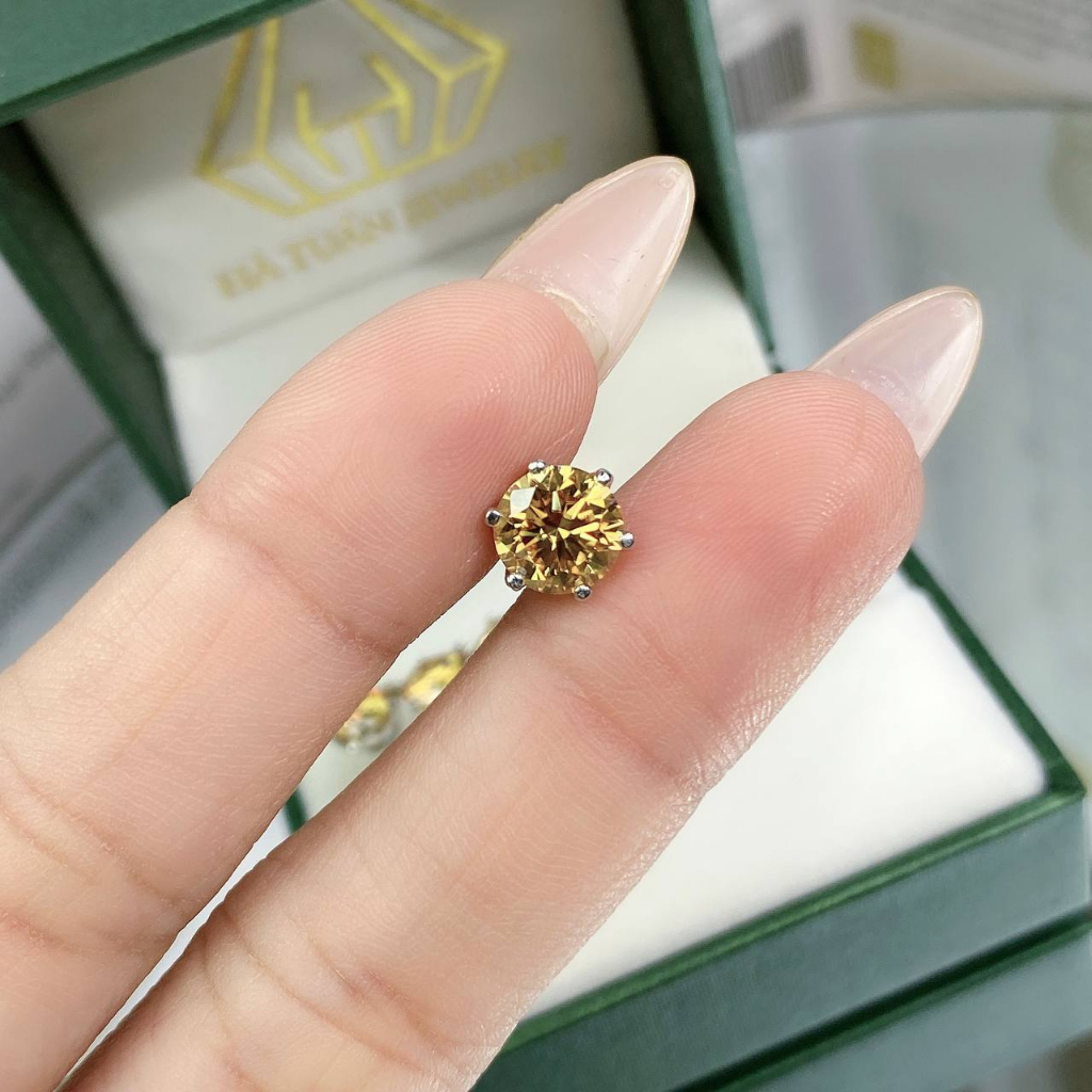 Bông tai Bạc nam nữ Moissanite vàng trà 57 giác EX003