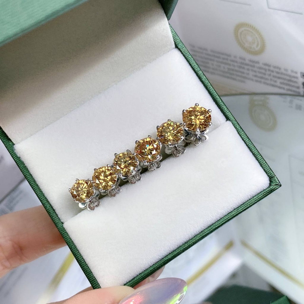 Bông tai Bạc nam nữ Moissanite vàng trà 57 giác EX003