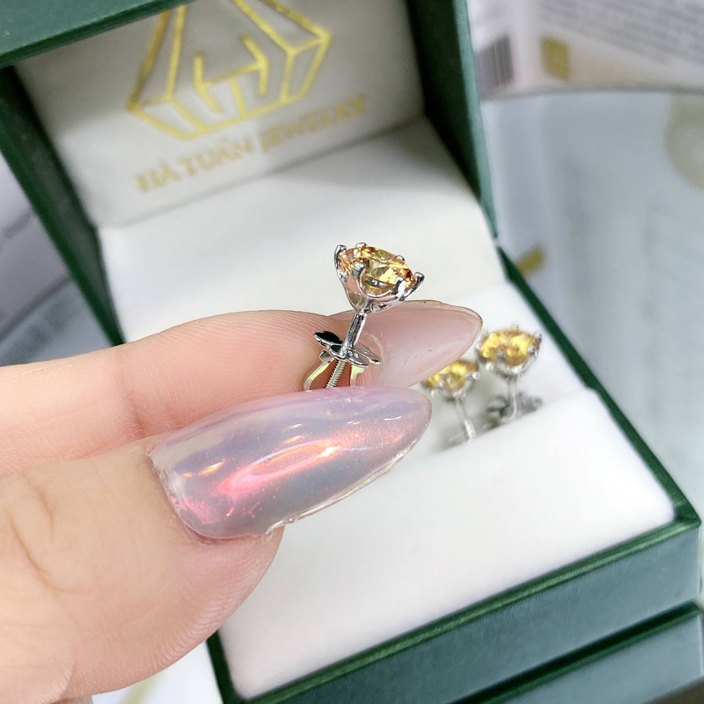 Bông tai Bạc nam nữ Moissanite vàng trà 57 giác EX003