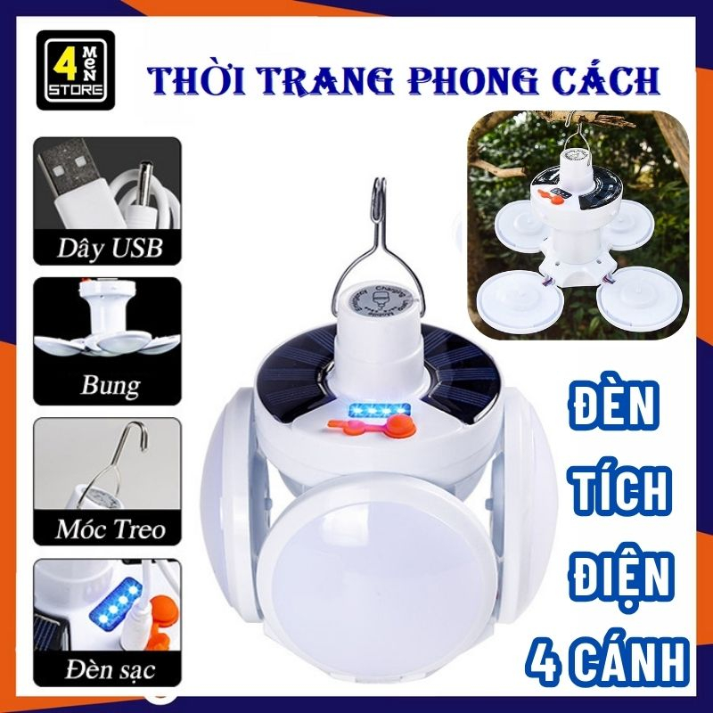 Bóng Đèn Tích Điện 40W Năng Lượng Mặt Trời Xòe 4 Cánh Kèm Sạc UBS Có Móc Treo - Đèn Led Siêu Sáng Tiết Kiệm Điện