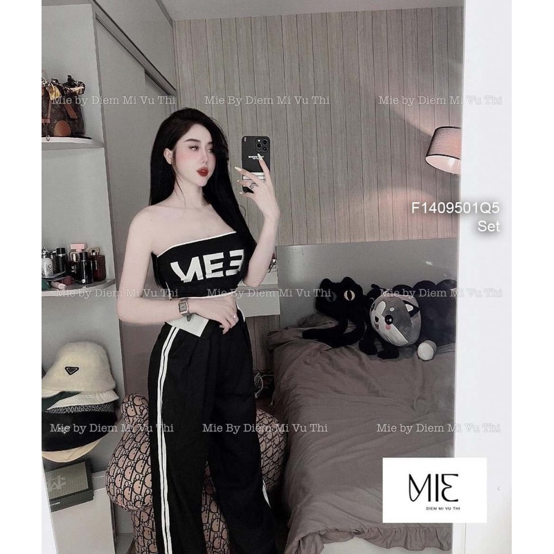 Set bộ áo thun ống in chữ phối quần ống suông lật lai sang trọng VIENS STORE