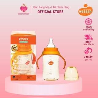 [Mẫu Mới] Bình Sữa Wesser PPSU Cổ Rộng 260ml - Kèm Núm Ti Size M, 4-6m