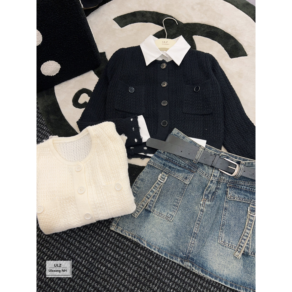 Áo len túi ngực rách gấu đóng cúc không kèm sơ mi Ulzzang style🌸 Hàng Quảng Châu