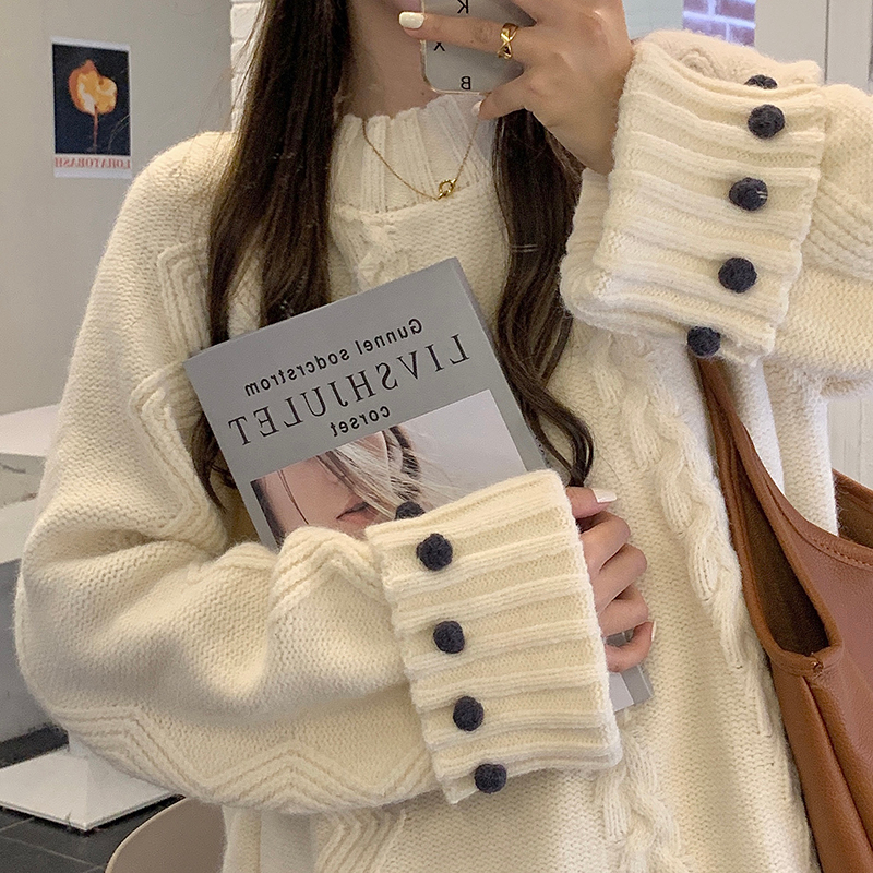 Áo len sweater from rộng cổ tròn nữ kiểu xoắn dày dặn, áo len nữ mùa thu đông màu trắng dài tay phong cách
