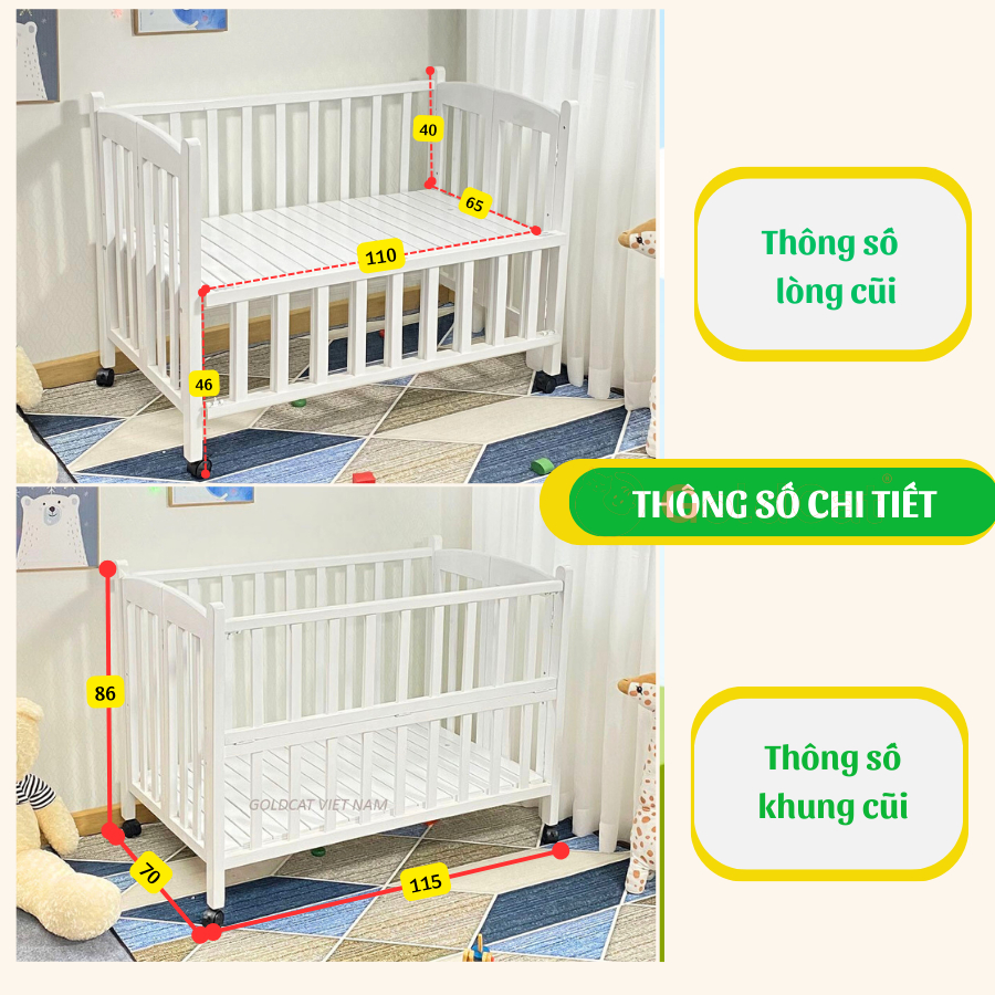 Nôi Cũi Cho Em Bé 4in1 GOLDCAT Làm Từ Gỗ Quế Tự Nhiên, Có Thể Gấp Gọn Giúp Trẻ Chống Trào Ngược Kèm  Đệm Muslin Cao Cấp