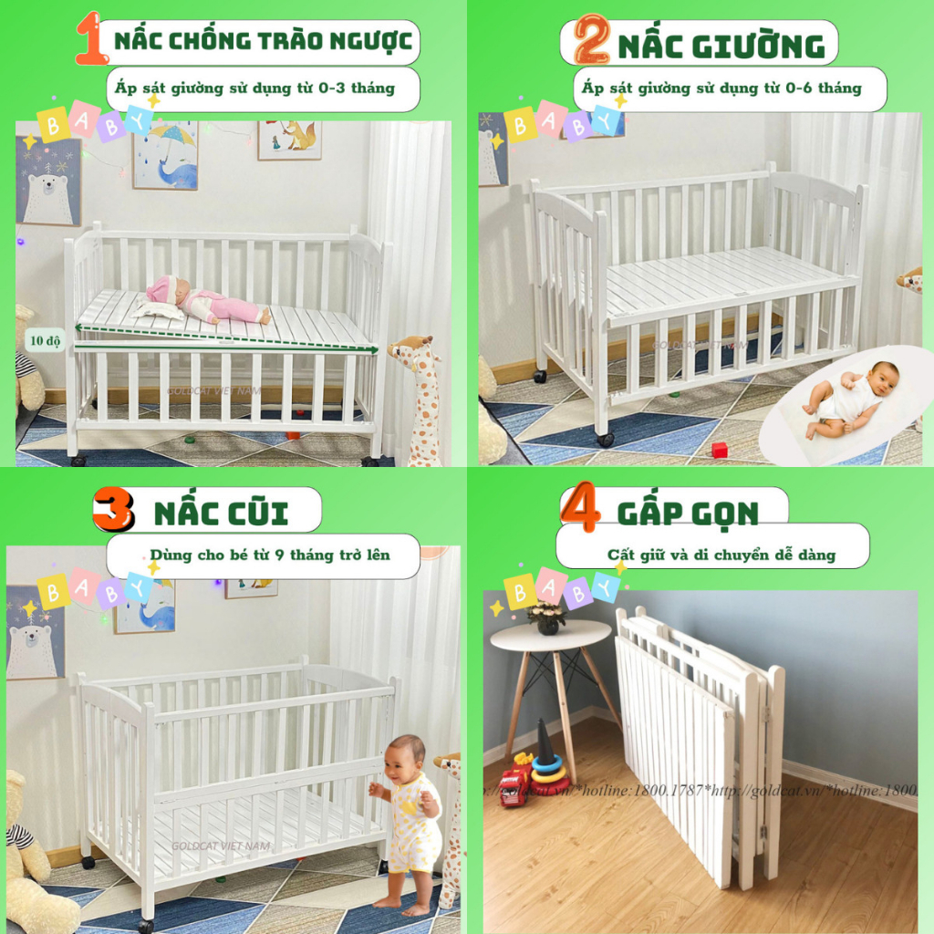 Nôi Cũi Cho Em Bé 4in1 GOLDCAT Làm Từ Gỗ Quế Tự Nhiên, Có Thể Gấp Gọn Giúp Trẻ Chống Trào Ngược Kèm  Đệm Muslin Cao Cấp