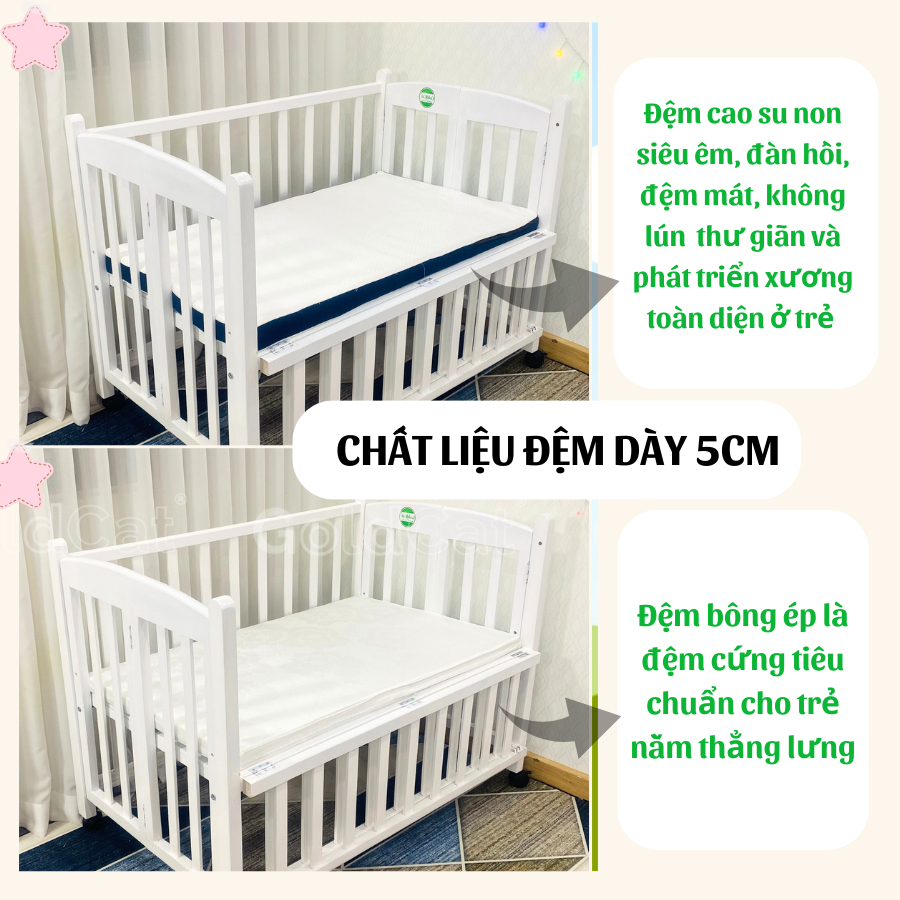 Nôi Cũi Cho Em Bé 4in1 GOLDCAT Làm Từ Gỗ Quế Tự Nhiên, Có Thể Gấp Gọn Giúp Trẻ Chống Trào Ngược Kèm  Đệm Muslin Cao Cấp