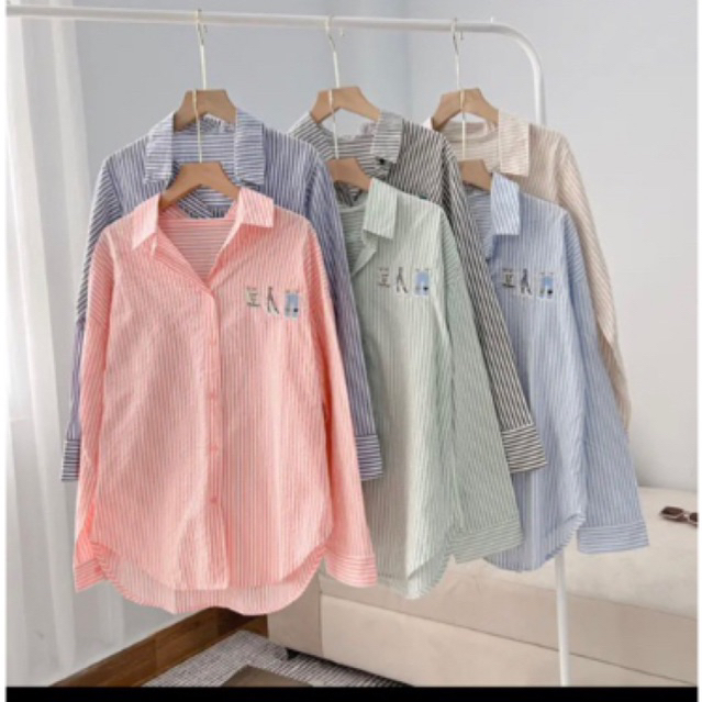 Áo Sơmi Kẻ Sọc Nhí Thêu Hoạ Tiết Xinh Xắn Phong Cách Hàn Quốc