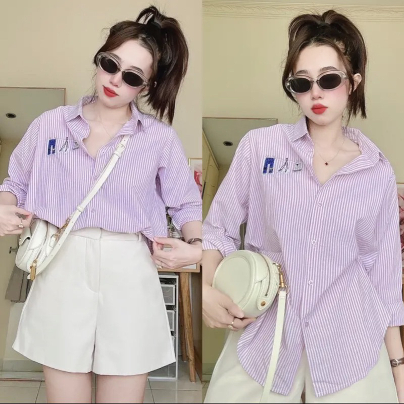 Áo Sơmi Kẻ Sọc Nhí Thêu Hoạ Tiết Xinh Xắn Phong Cách Hàn Quốc