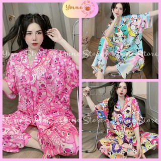 Đồ bộ pijama tay dơi quần dài form quảng châu, kèm cột tóc, bộ ngủ lụa xước ánh kim thiết kế hot trend