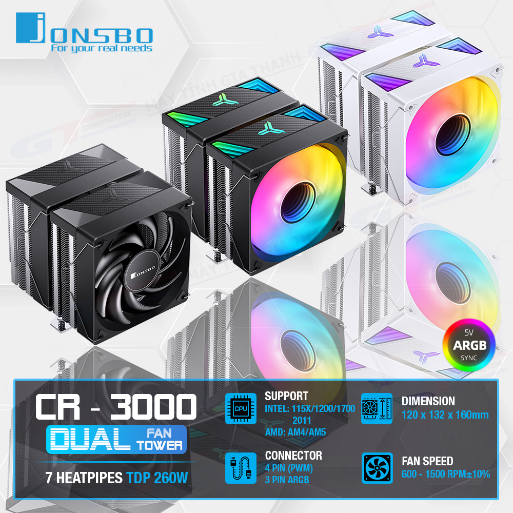 Tản Nhiệt CPU Jonsbo CR-3000 - Dual Tower, 7 Ống Đồng, Hỗ Trợ LGA 1700/2011 & AM5