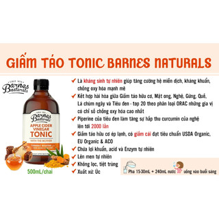 Giấm táo hữu cơ Tonic chai 500ml Barnes Naturals - Organic Apple Cider Vinegar