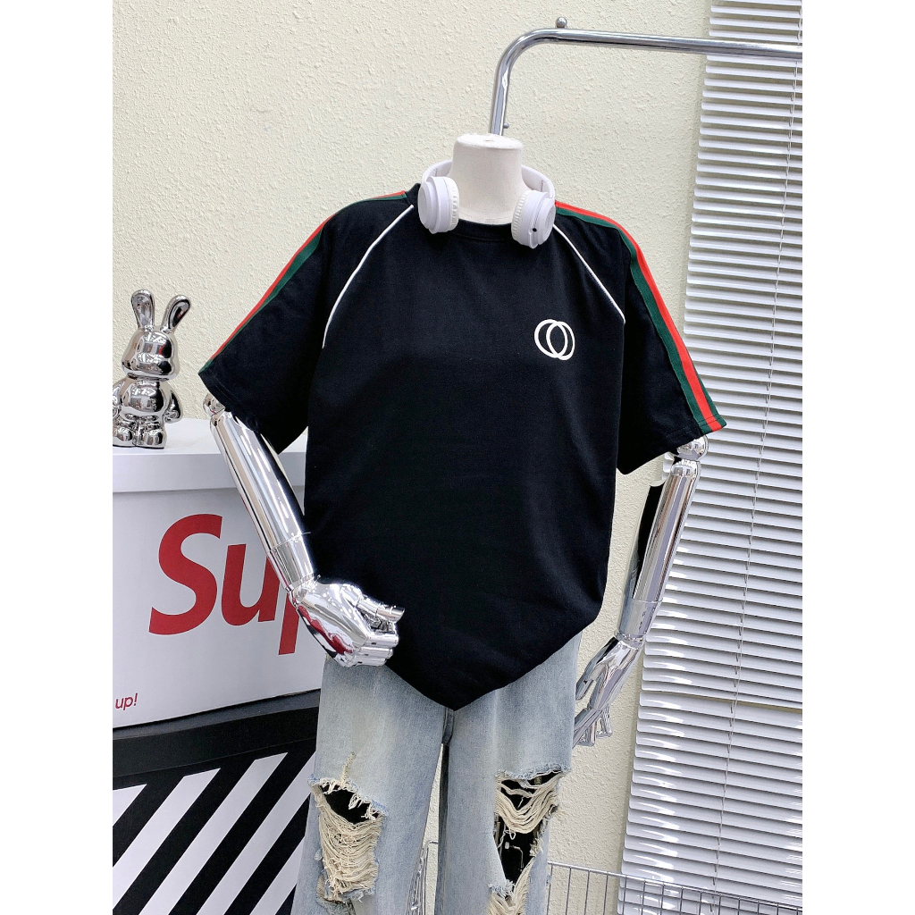 Áo thun cotton khô 3158 -  Sọc Tay 3 màu ,Kẹp chỉ raplang, In nổi 2 vòng tròn