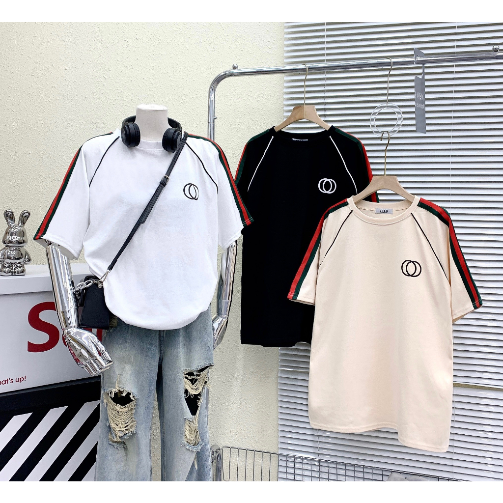 Áo thun cotton khô 3158 -  Sọc Tay 3 màu ,Kẹp chỉ raplang, In nổi 2 vòng tròn