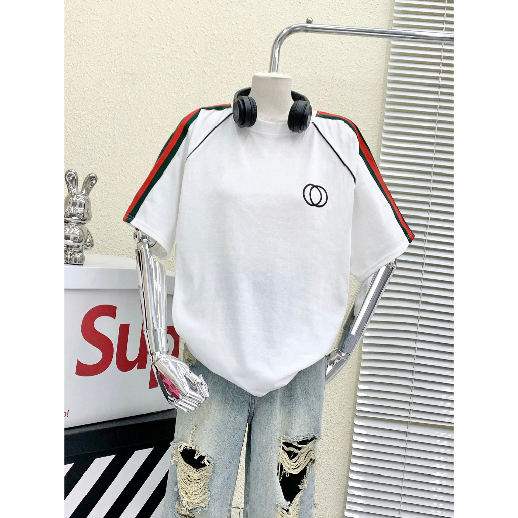 Áo thun cotton khô 3158 -  Sọc Tay 3 màu ,Kẹp chỉ raplang, In nổi 2 vòng tròn