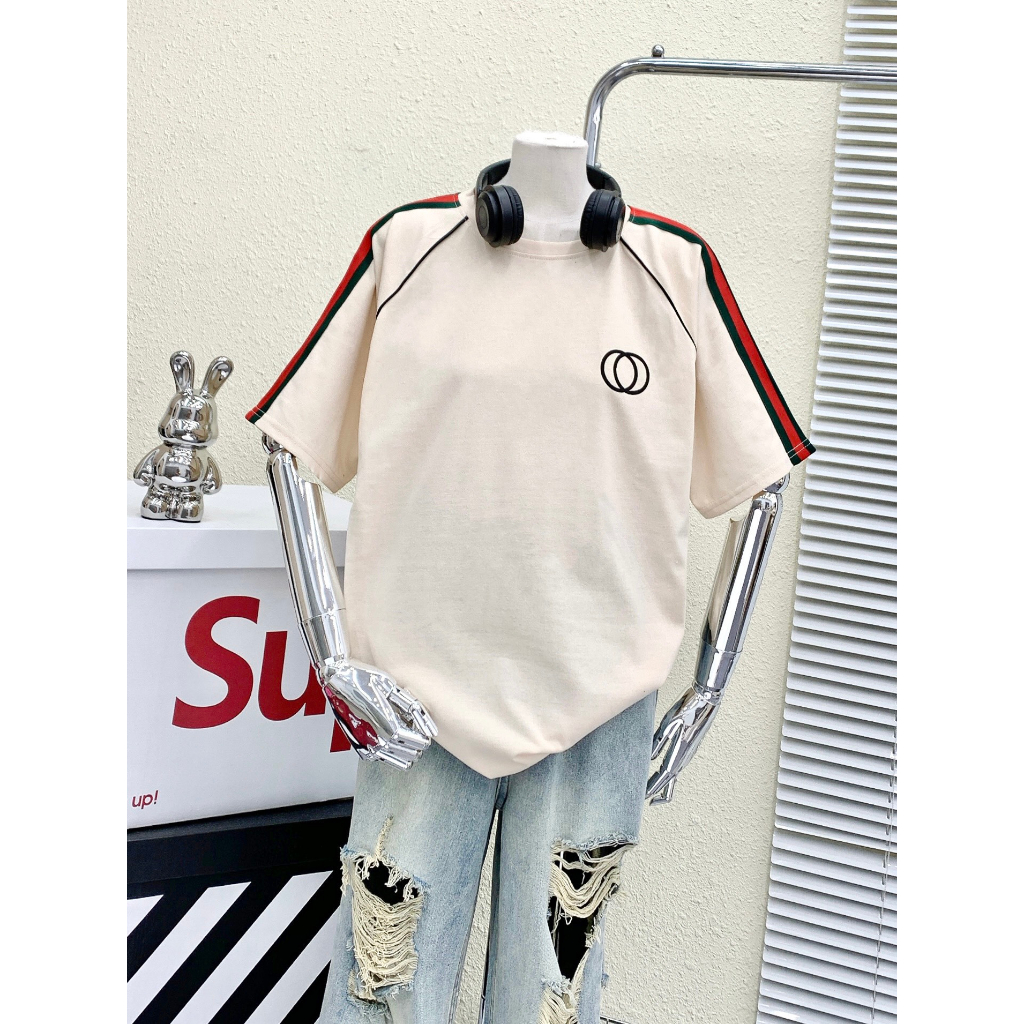 Áo thun cotton khô 3158 -  Sọc Tay 3 màu ,Kẹp chỉ raplang, In nổi 2 vòng tròn