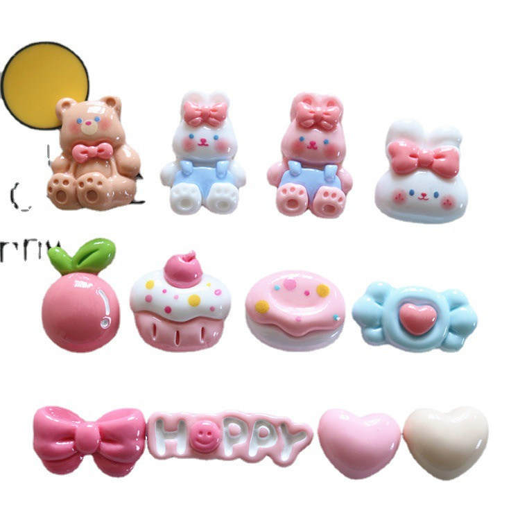 Sticker jibbitz gắn dép, charm gấu nâu thỏ trắng thỏ hồng, cupcake, Happy, nơ hồng nhựa bóng