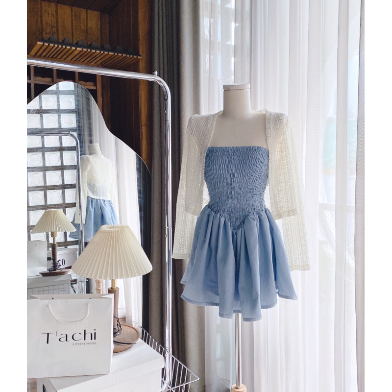 Set jumpsuit nhún chỉ kèm áo khoác lưới