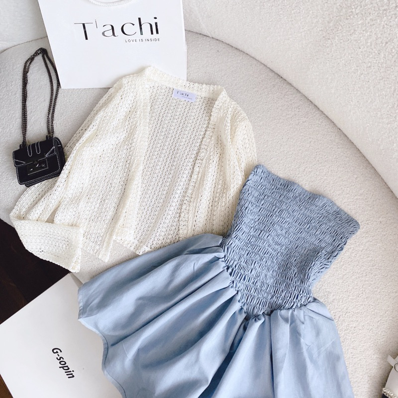 Set jumpsuit nhún chỉ kèm áo khoác lưới